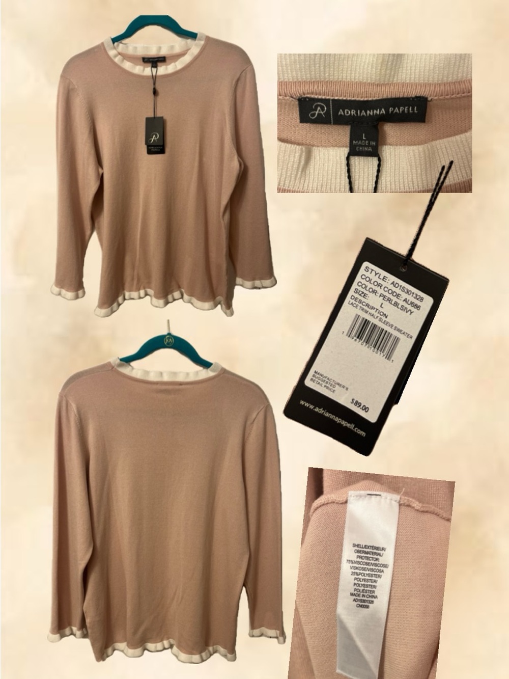 Adrianna Papell Blush Pink Sweater with Cream Ruffle Trim